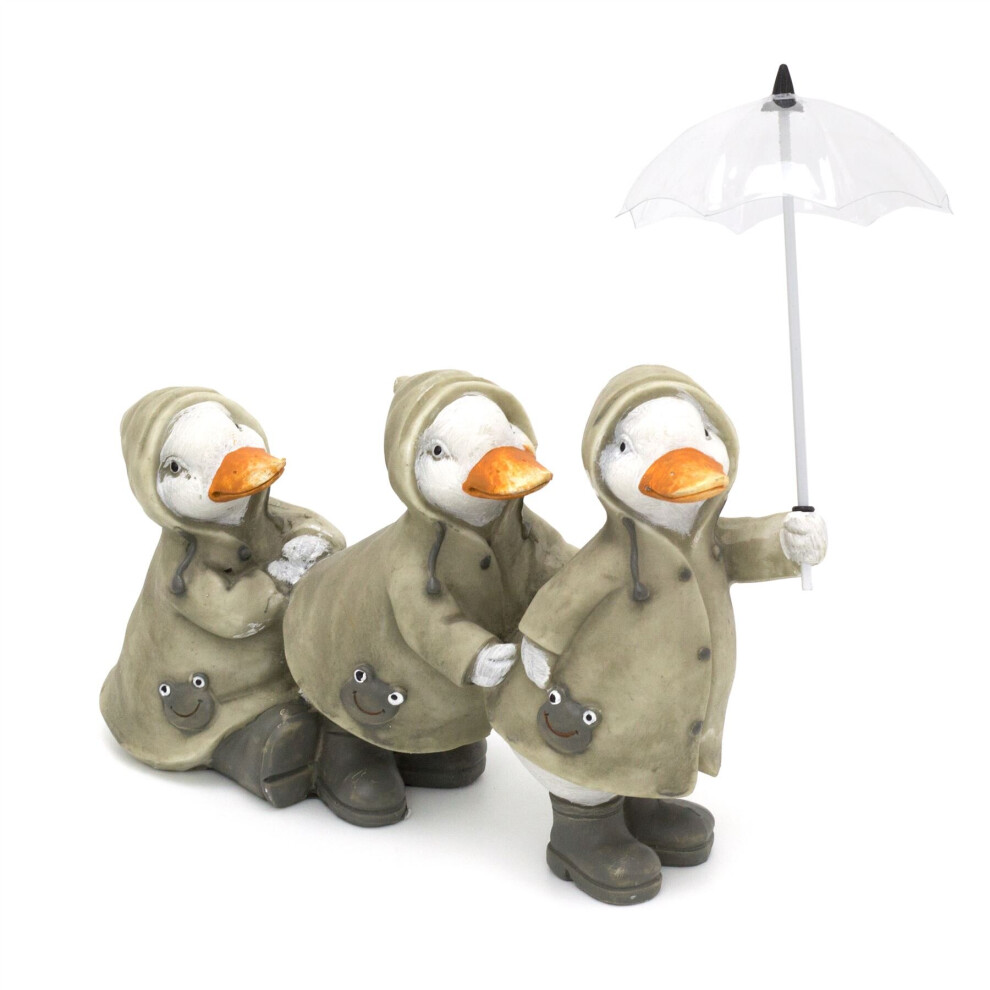 Cute Puddle Duck Family With Umbrella Ornament | Indoor Outdoor Three Ducks And Brolly Statue | Bird Sculpture Garden Decorations - Three Ducks
