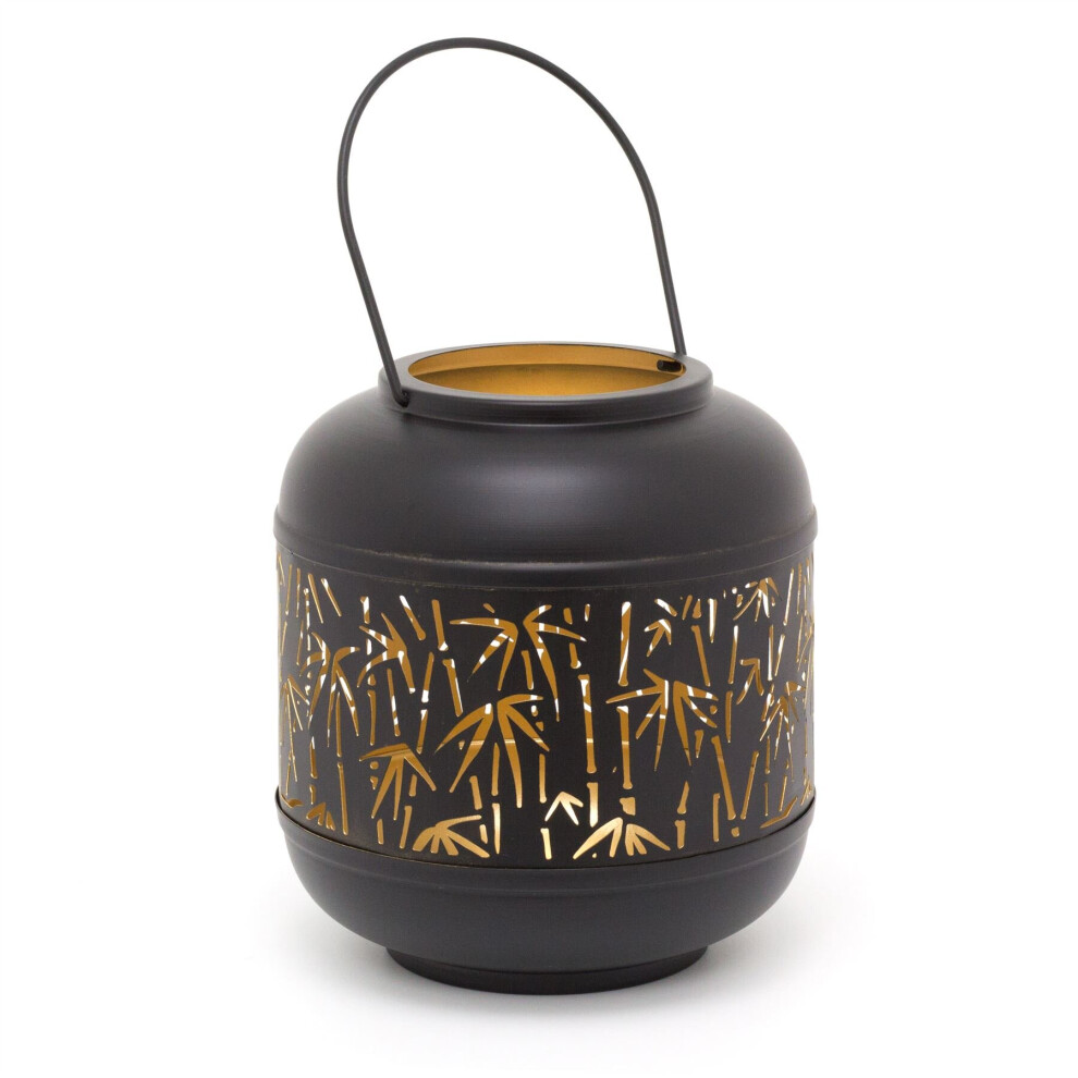 22cm Bamboo Design Black Metal Hurricane Candle Lantern | Decorative Candle Holders For Home Garden Patio | Barrel Lantern