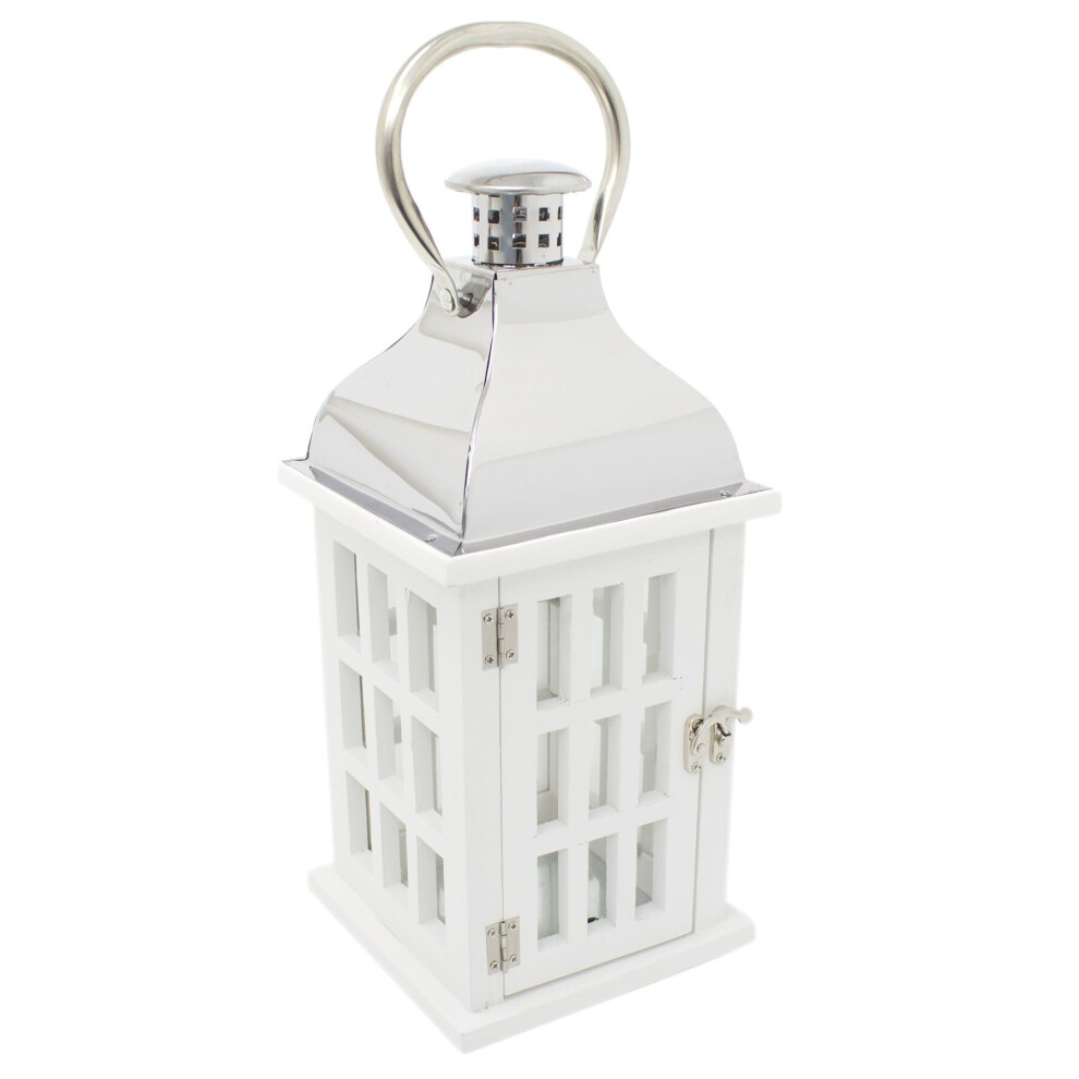 Carousel Wooden Candle Lantern | 39Cm Hurricane Lantern Candle Holders For Home Garden Patio - Tealight Candle Holder With Handle White