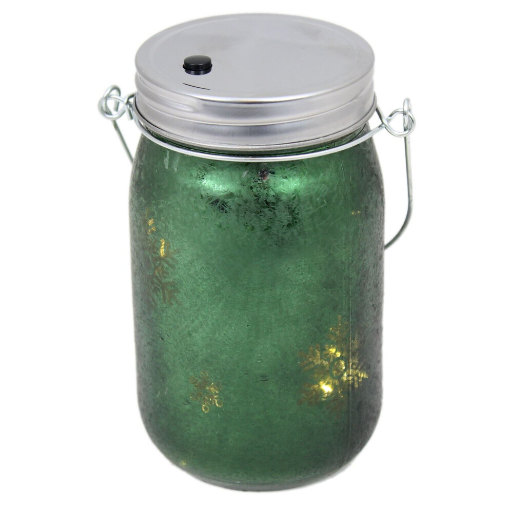 Frosted Glass Light Up Snowflake LED Mason Jar Christmas Lantern With Handle ~ Green
