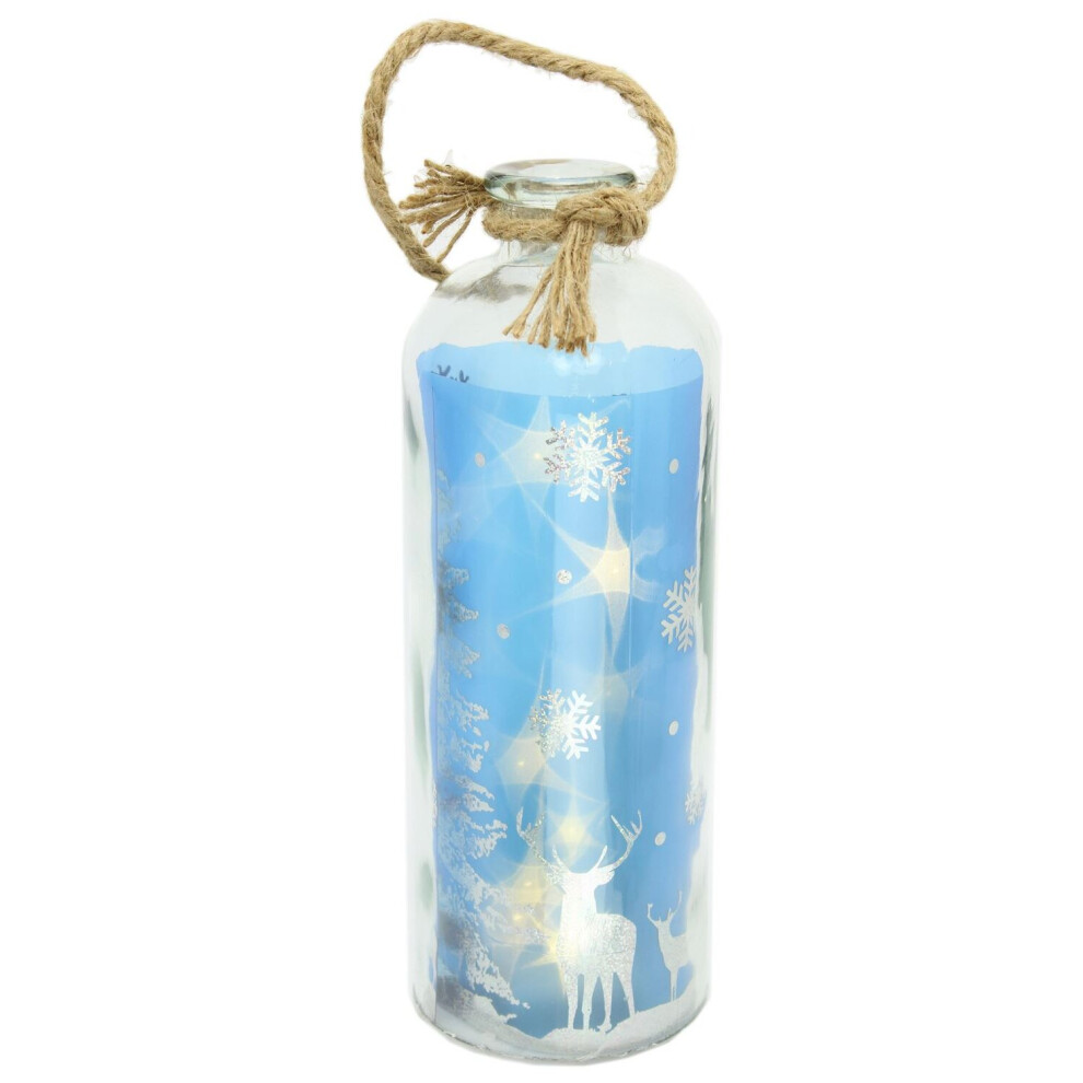Light Up LED Blue Silver Reindeer Bottle Glass Jar Christmas Lantern Decoration