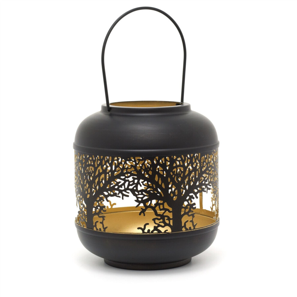 22cm Black Metal Tree Of Life Cut Out Hurricane Candle Lantern | Decorative Candle Holders For Home Garden Patio - Small
