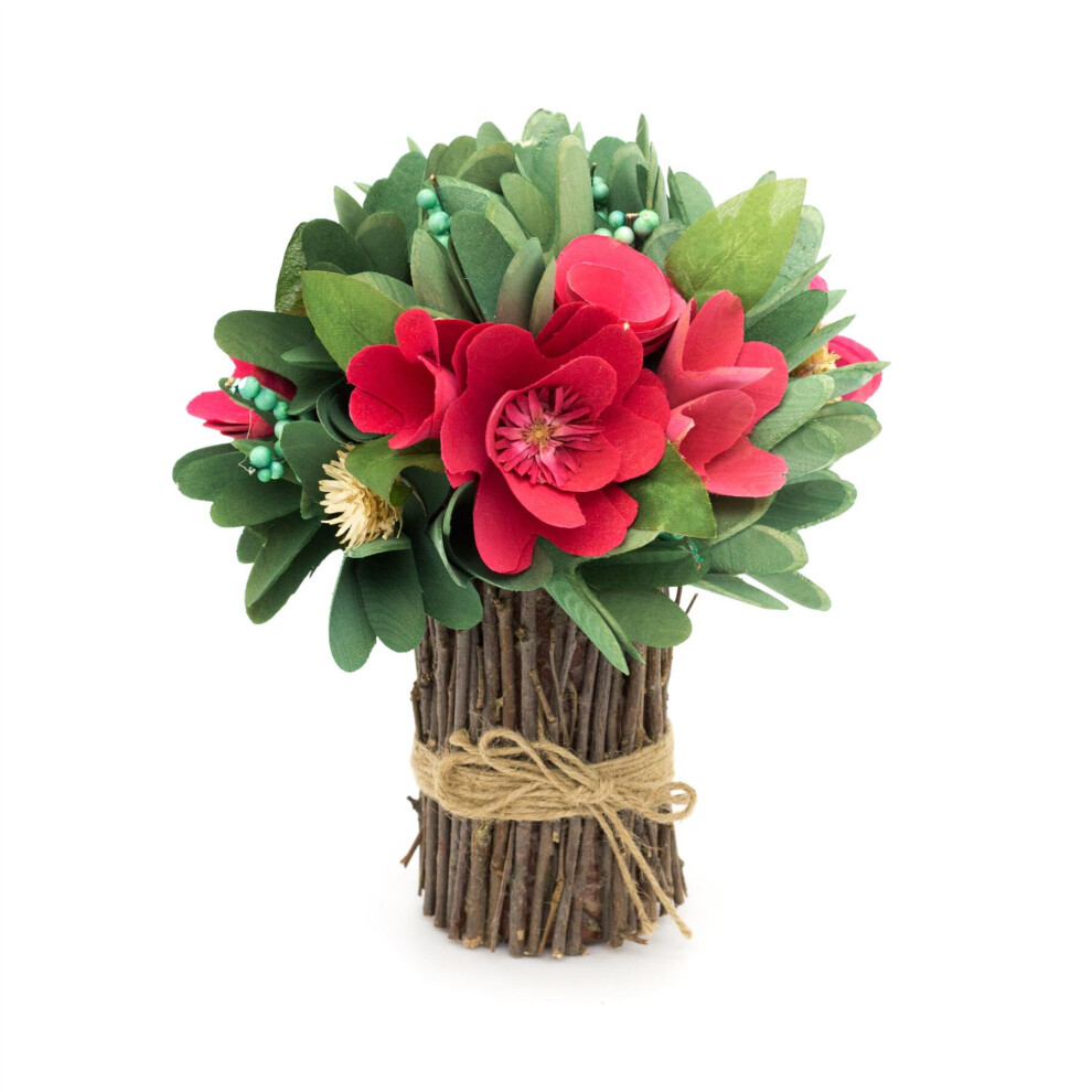 Wood Curl Faux Pink Rose Floral Bouquet | Wooden Artificial Flower Posy | Floral Spray Fake Flower Arrangement Spray