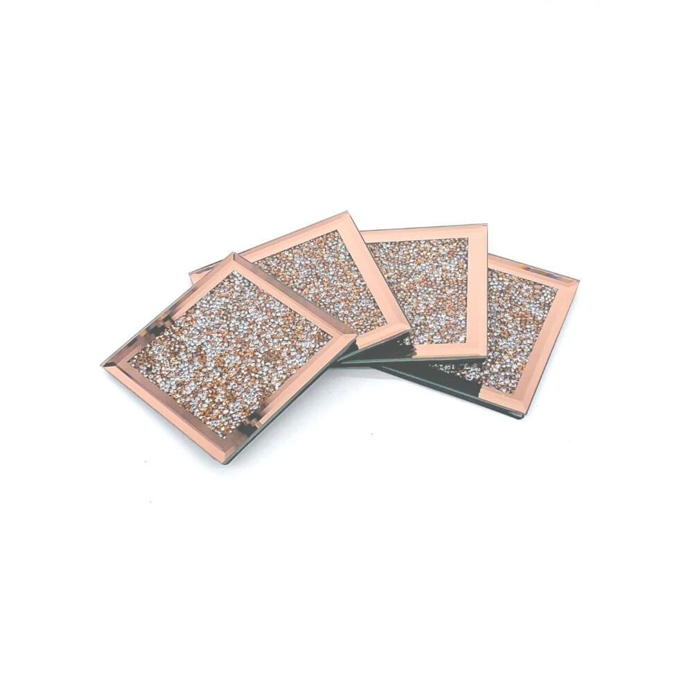 Set 4 Mirrored Rose Gold Crushed Crystal Diamond Filled Glass Coaster