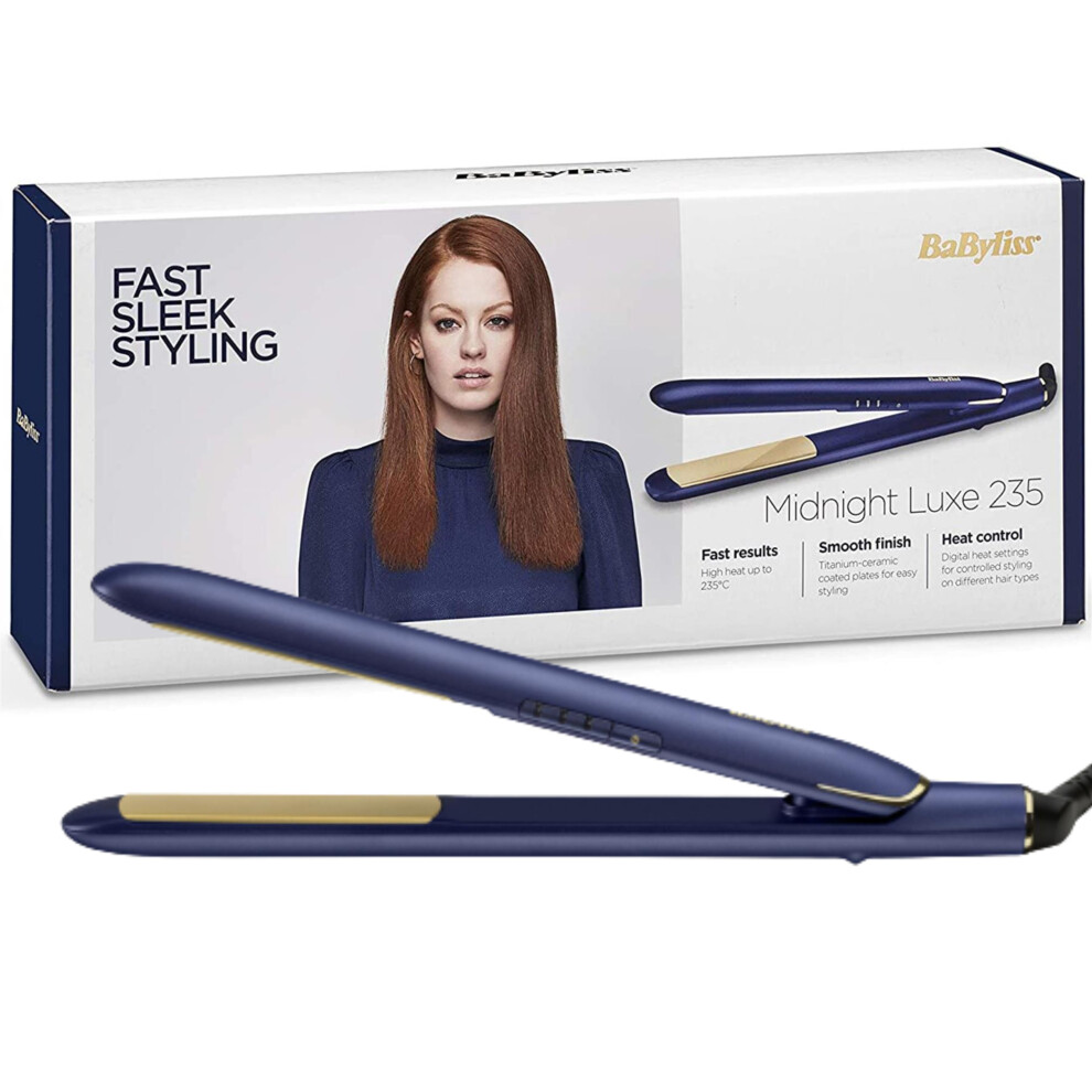 Babyliss 2516U Midnight Luxe Hair Straightener - Titanium-Ceramic Plates, 235C, 3 Temp Settings, 30S Heat-Up, Worldwide Voltage