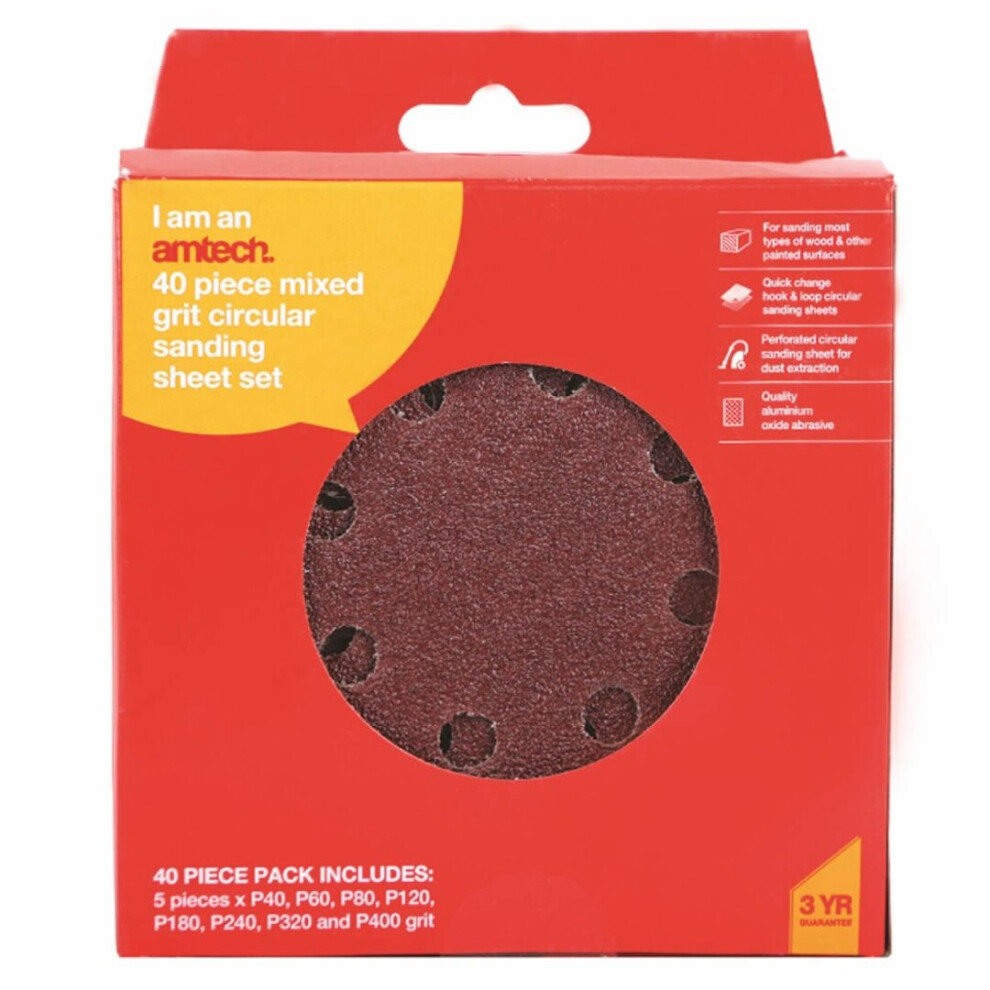 Mixed Grit Circular Sanding Sheet Discs Set 40Pce 125mm  Amtech AM-V4076