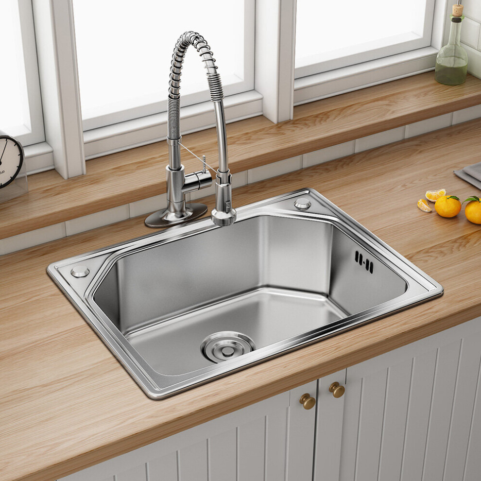 (1# 600*450*210mm) Stainless Steel Kitchen Sink Inset Topmount Single Bowl Reversible Drainer Waste