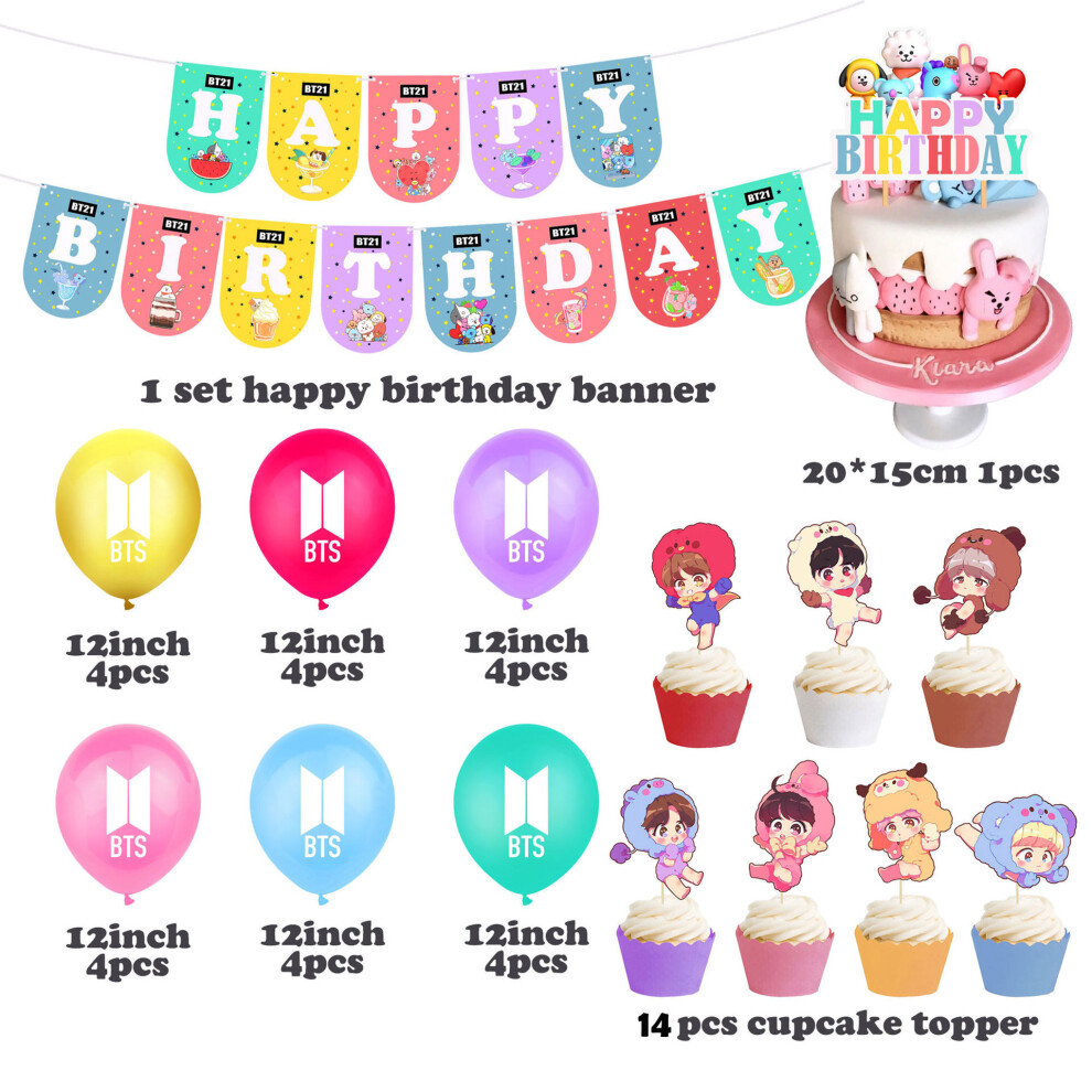 (Set 1-40pcs) BTS Theme Party Decor Birthday Banner Cake Topper