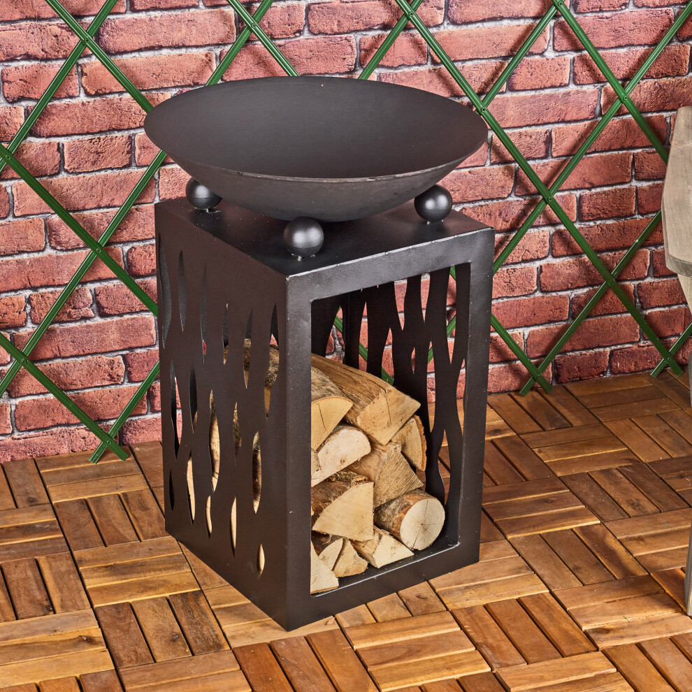 65cm Matt Black Square Steel Fire Pit Bowl Outdoor Garden Heater With Storage