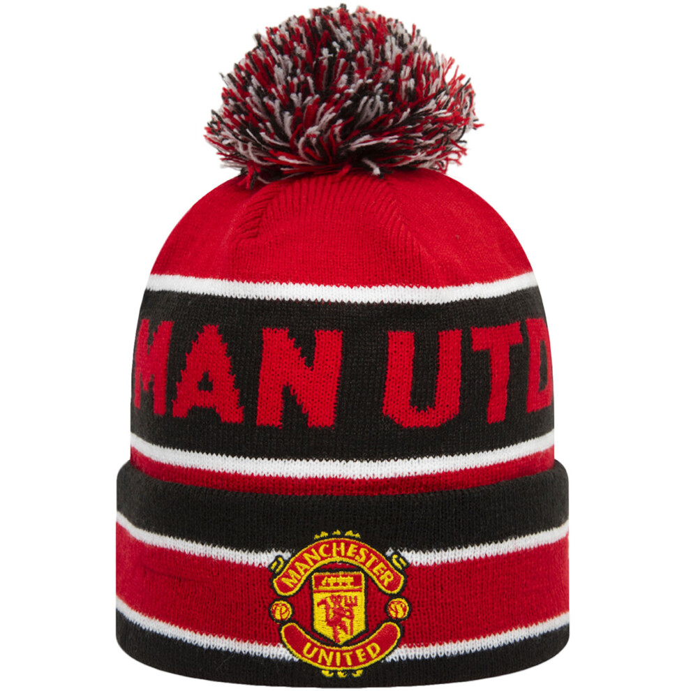New Era Manchester United Man Utd Football Striped Beanie Bobble Hat - Red
