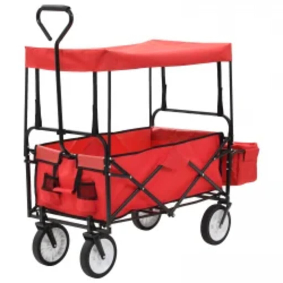 vidaXL Folding Hand Trolley with Canopy Steel Red Transport Cart Garden Truck