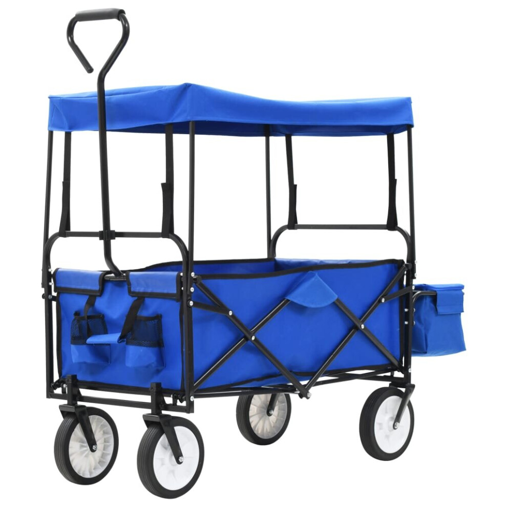 vidaXL Folding Hand Trolley with Canopy Steel Blue Transport Cart Garden Truck
