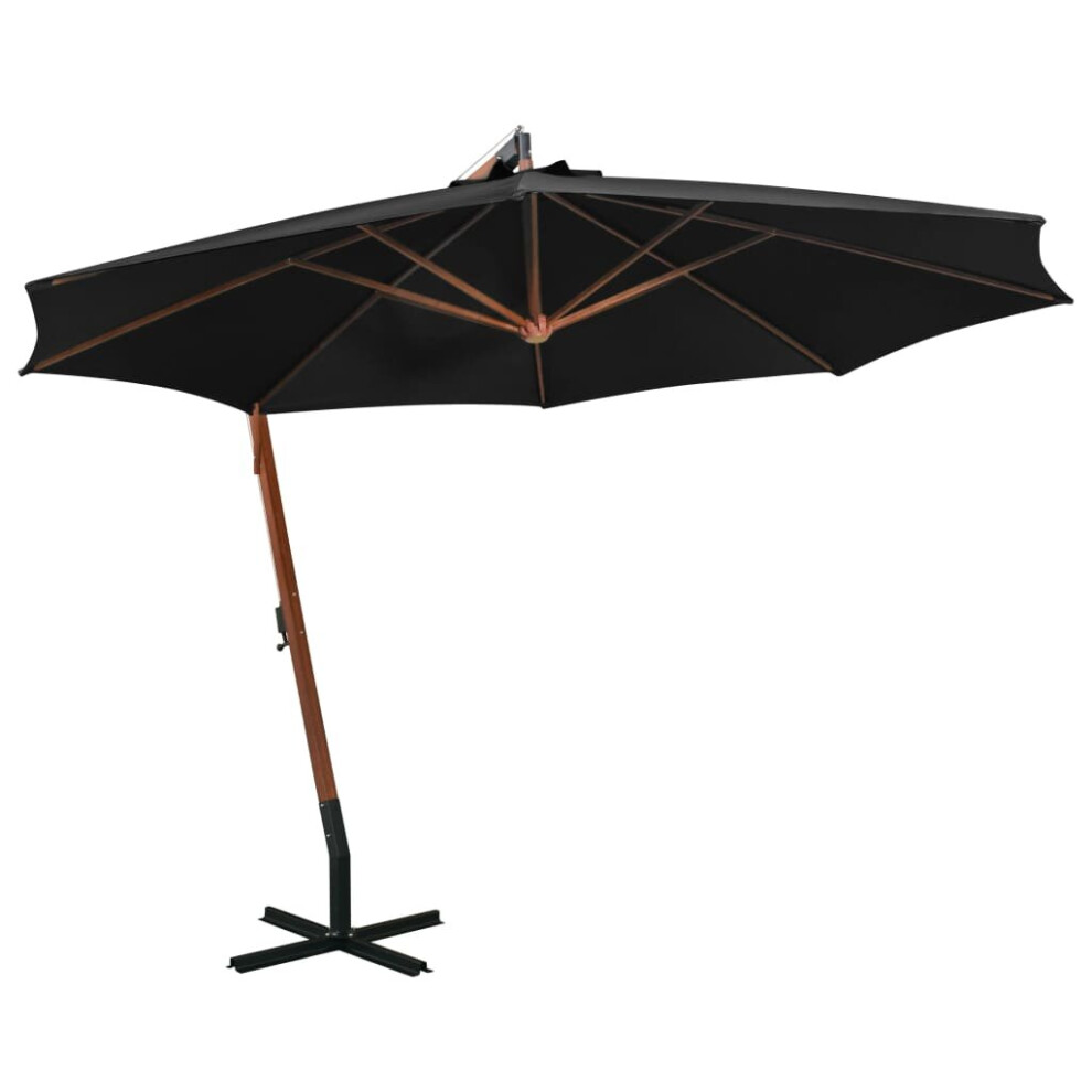 vidaXL Solid Fir Wood Hanging Parasol with Pole Black Outdoor Patio Umbrella