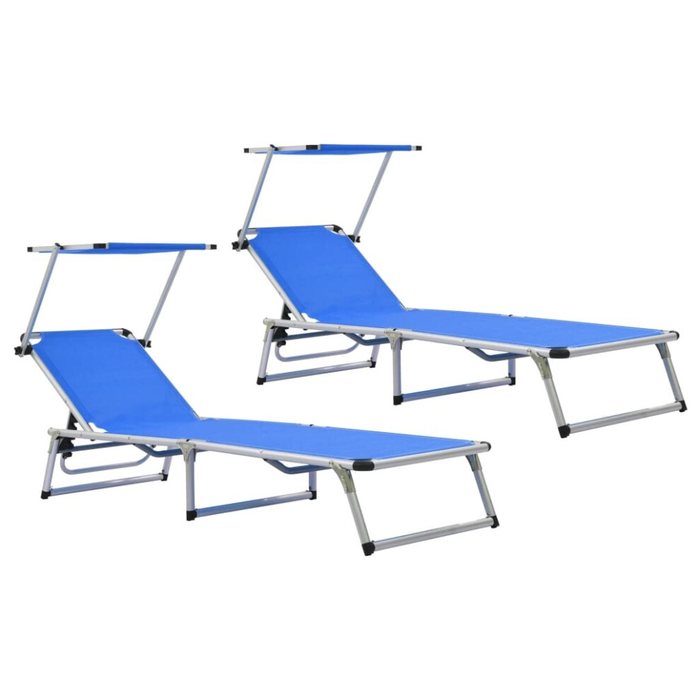 Vidaxl 2X Folding Sun Loungers With Roof Aluminium&Textilene Sun Bed Blue