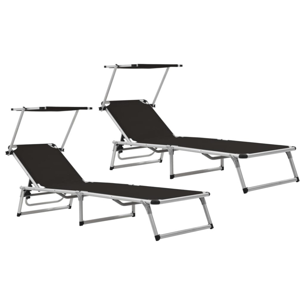 vidaXL 2x Folding Sun Loungers with Roof Aluminium&Textilene Black Sun Bed