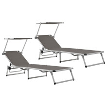 vidaXL 2x Folding Sun Loungers with Roof Aluminium&Textilene Grey Lounge Bed