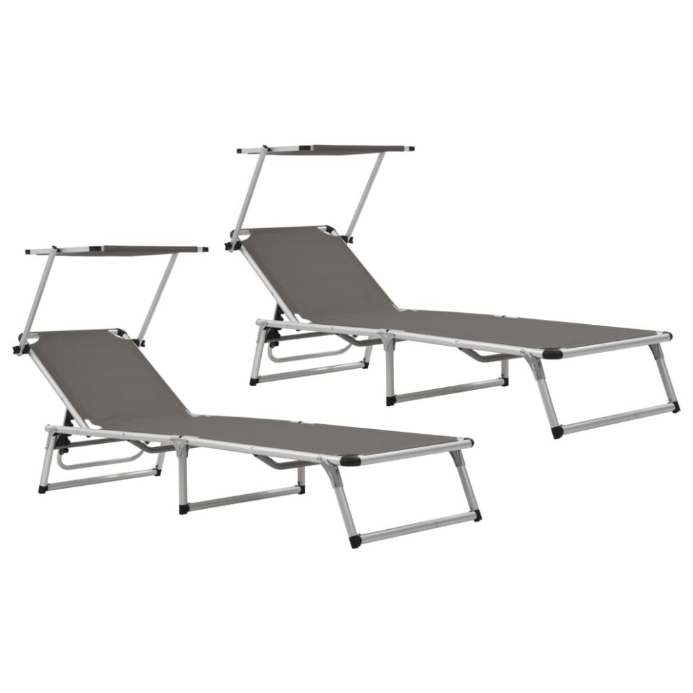 Vidaxl 2X Folding Sun Loungers With Roof Aluminium&Textilene Lounge Bed Grey