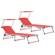 vidaXL 2x Folding Sun Loungers with Roof Aluminium&Textilene Red Lounge Bed