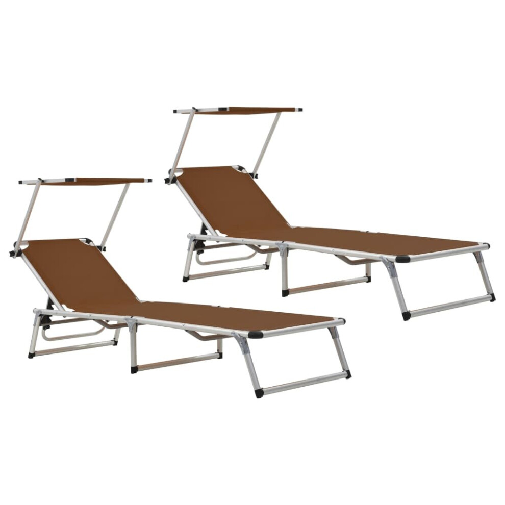 vidaXL 2x Folding Sun Loungers with Roof Aluminium&Textilene Brown Sun Bed