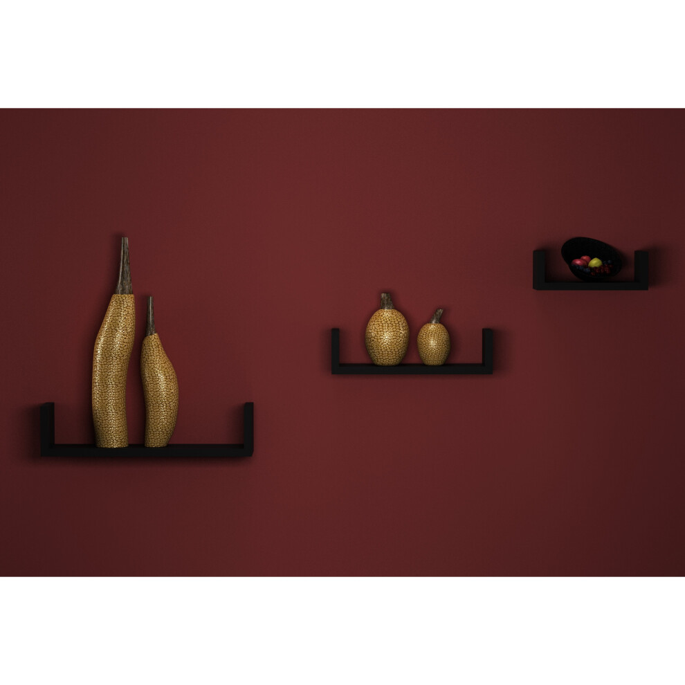 (Black) Set Of 3 U Shaped Floating Wooden Wall Mounting Shelf Display Unit Book Storage