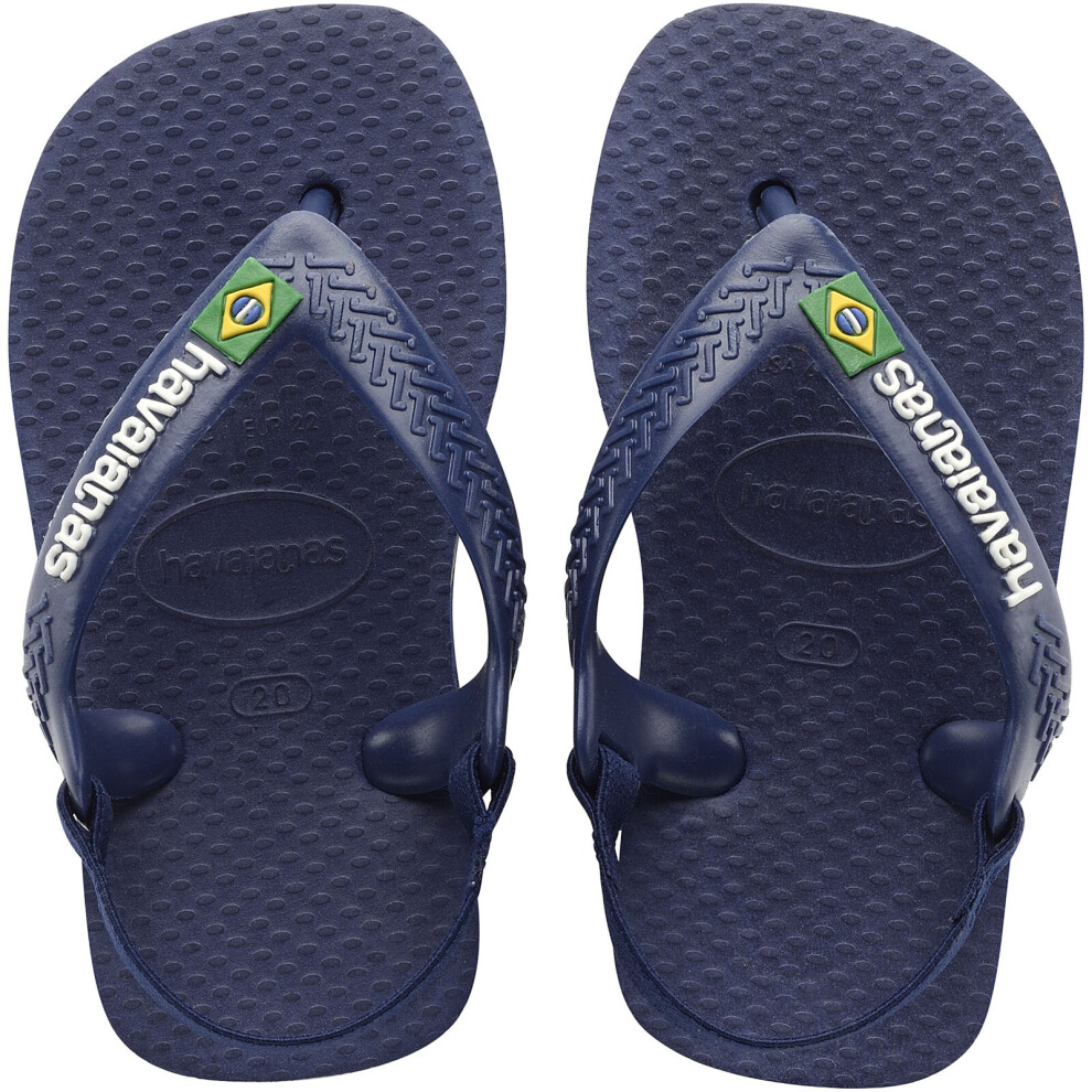 (6K UK, Marine/Yellow) Havaianas Kids Baby Brasil Logo Summer Beach Holiday Sandals Flip Flops