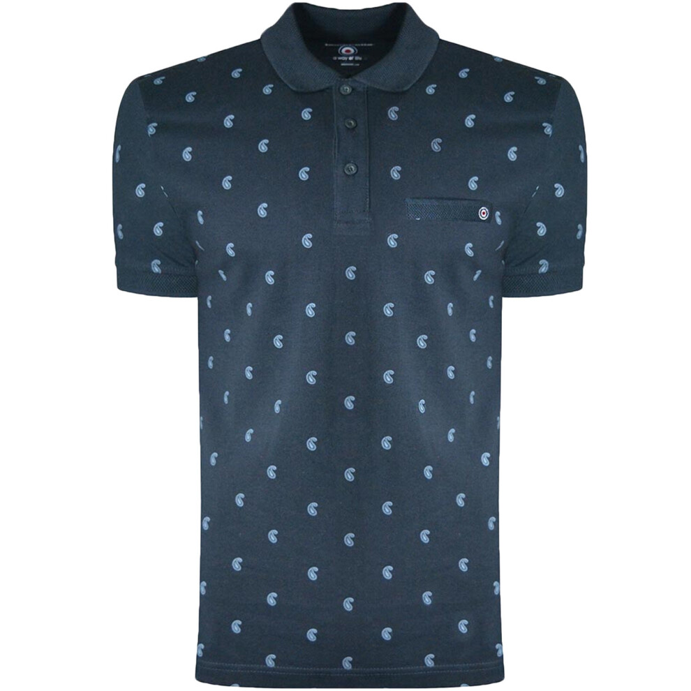 (S, Navy) Lambretta Mens Paisley AOP Casual Cotton Short Sleeve Polo Shirt Top Tee - Navy