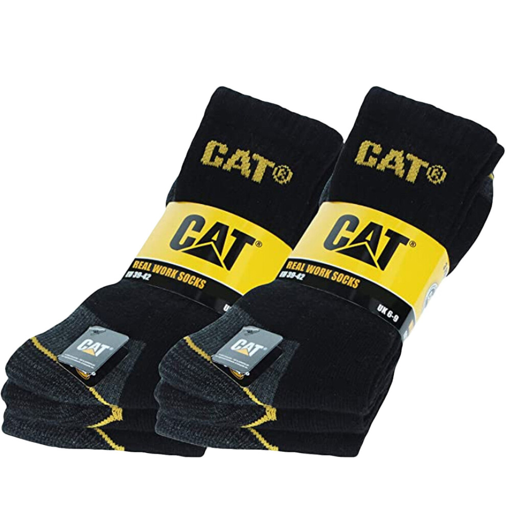 (6-11, Black) 6 Pairs of CAT Caterpillar Mens Adults Heavy Duty Industrial Workwear Socks