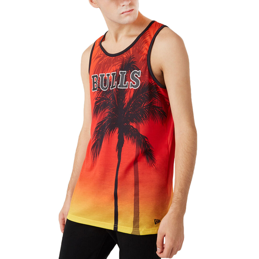 (L, Red) New Era Mens Chicago Bulls Summer City Print Round Neck Tank Vest Top - Red