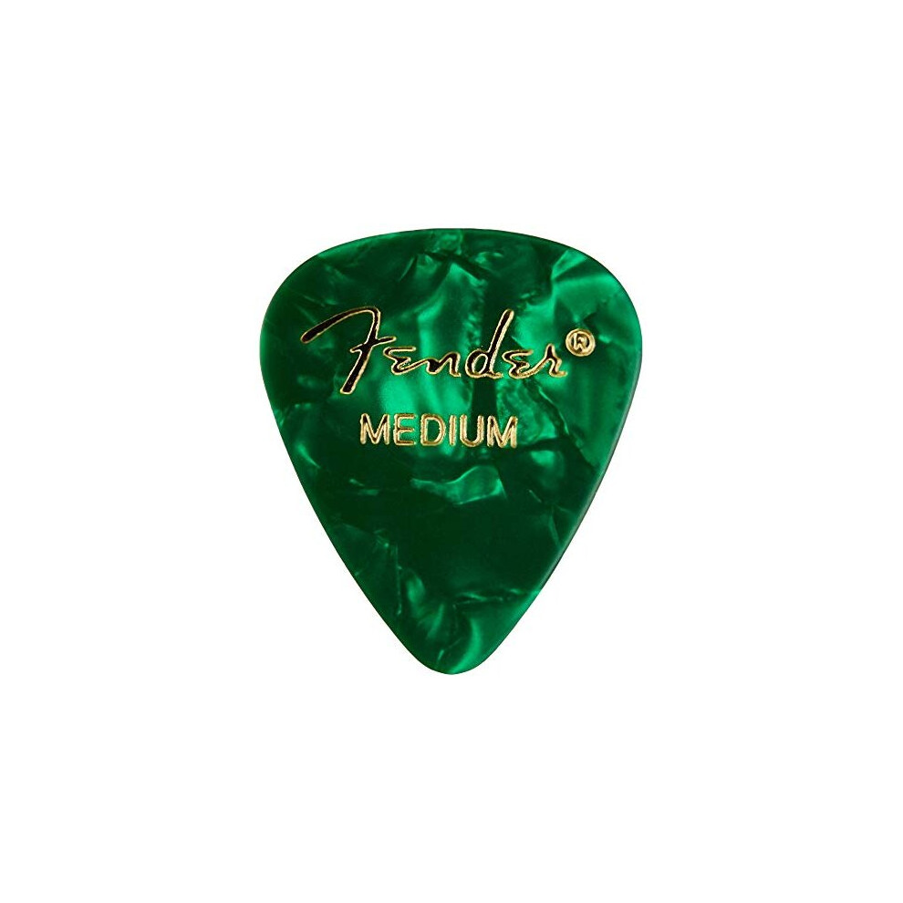 Fender 351 Shape Medium Classic Celluloid Picks, 12-Pack, Green Moto for electric guitar, acoustic guitar, mandolin, and bass