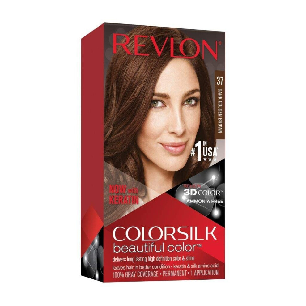 Revlon Colorsilk Beautiful Color Permanent Hair Color with 3D Gel Technology & Keratin, 100% Gray Coverage Hair Dye, 37 Dark Golden Brown