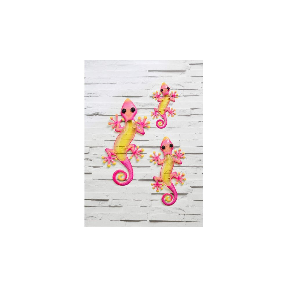 Glass Gecko Wall Art Brighten Up Any Wall or Fence in Your Garden 3pk - Pink