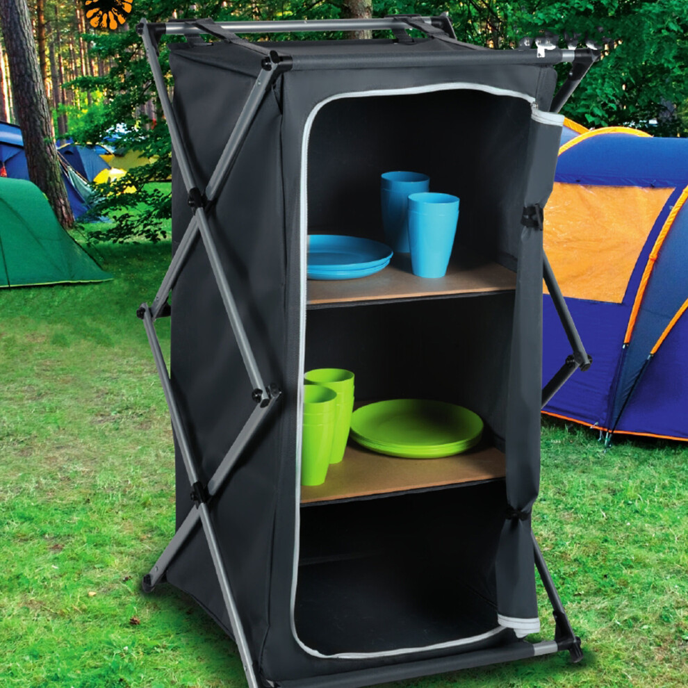 Portable Camping Storage Cabinet Folding Canvas Clothes +2 MDF Shelves