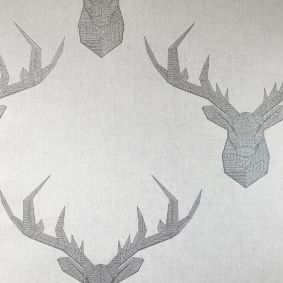 Geometric Stag Glittery Wallpaper In Blue Grey And Beige Smooth Finish