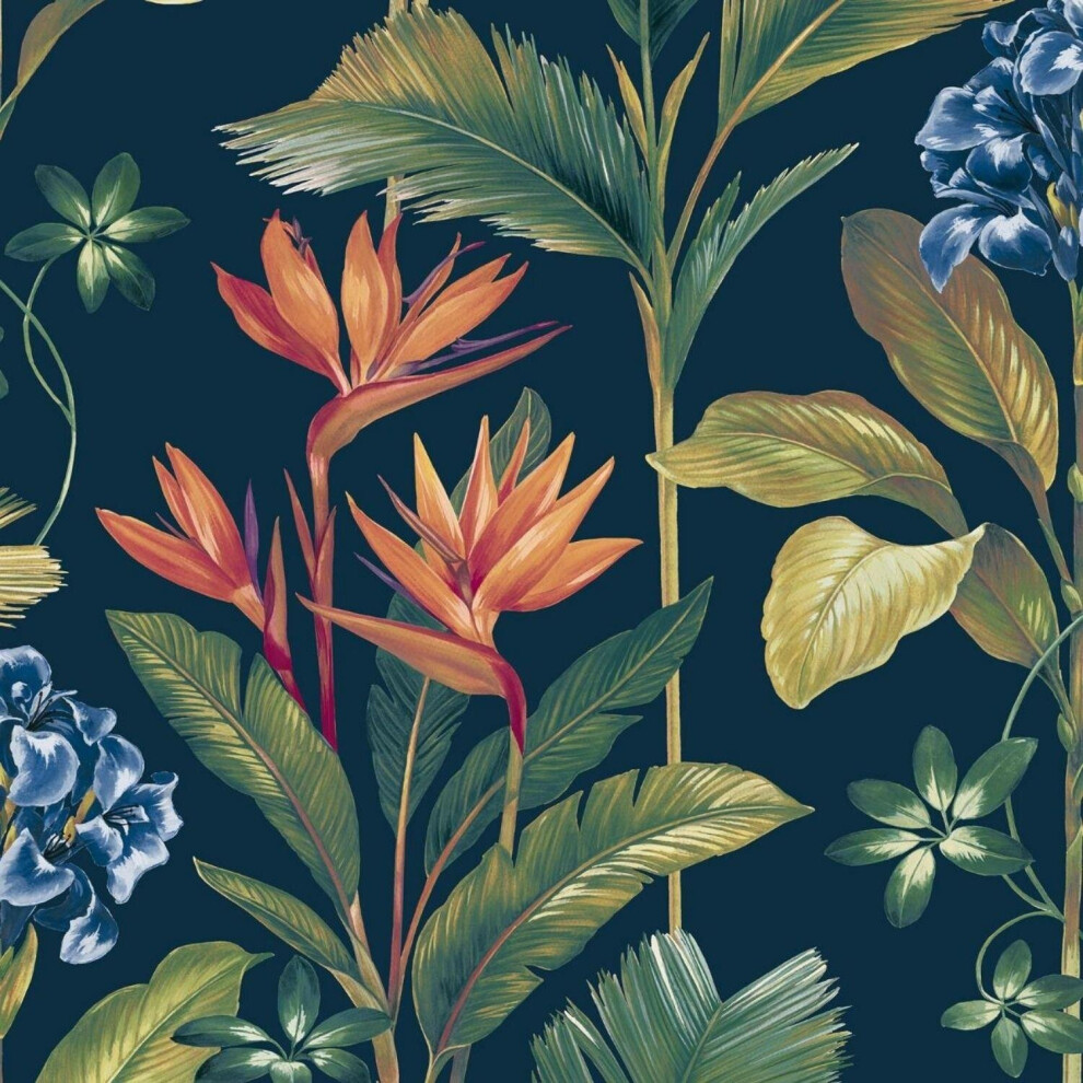 Belgravia Oliana Navy Wallpaper Decor Floral Tropical Green/Blue