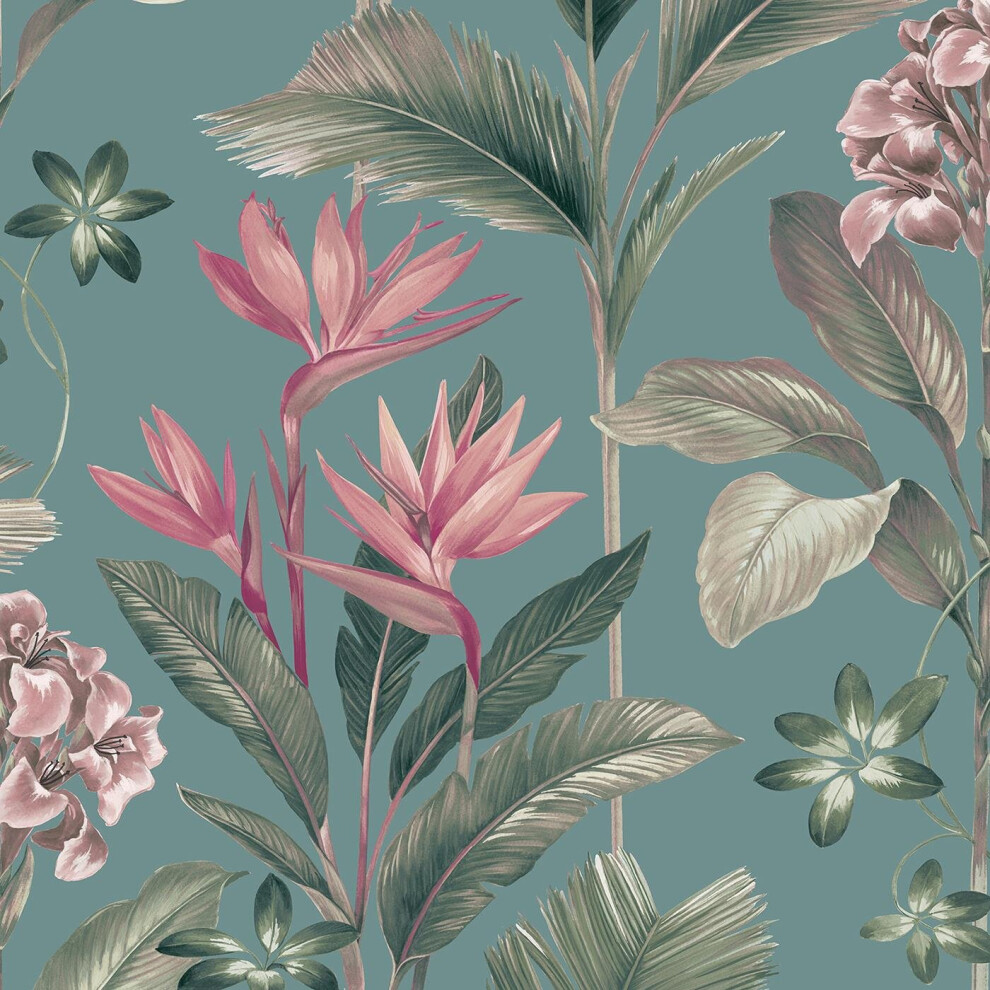 Oliana Teal Wallpaper Belgravia Decor Green Blue Pink Floral Tropical 5018323084862