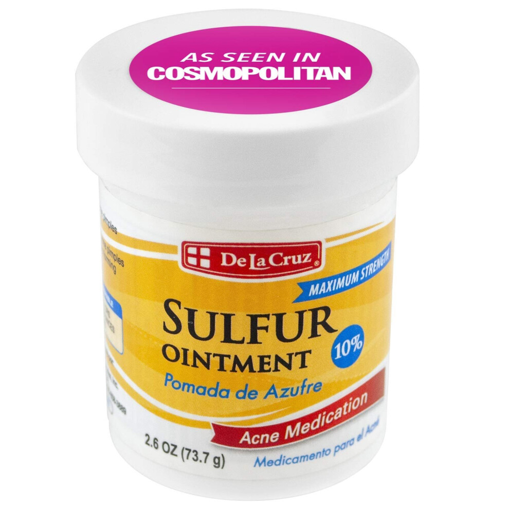 De La Cruz 10% Sulfur Ointment Acne Treatment - Medication to Clear Cystic Acne Pimples and Blackheads on Face and Body - Made in USA - 2.6 oz