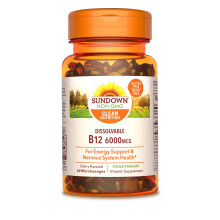 Vitamin B-12 Sublingual by Sundown, Vegetarian, Vegan, Non-GMOˆ, Free of Gluten, Dairy, Artificial Flavors, 60 Microlozenges Cherry Flavor, 6000 mcg,
