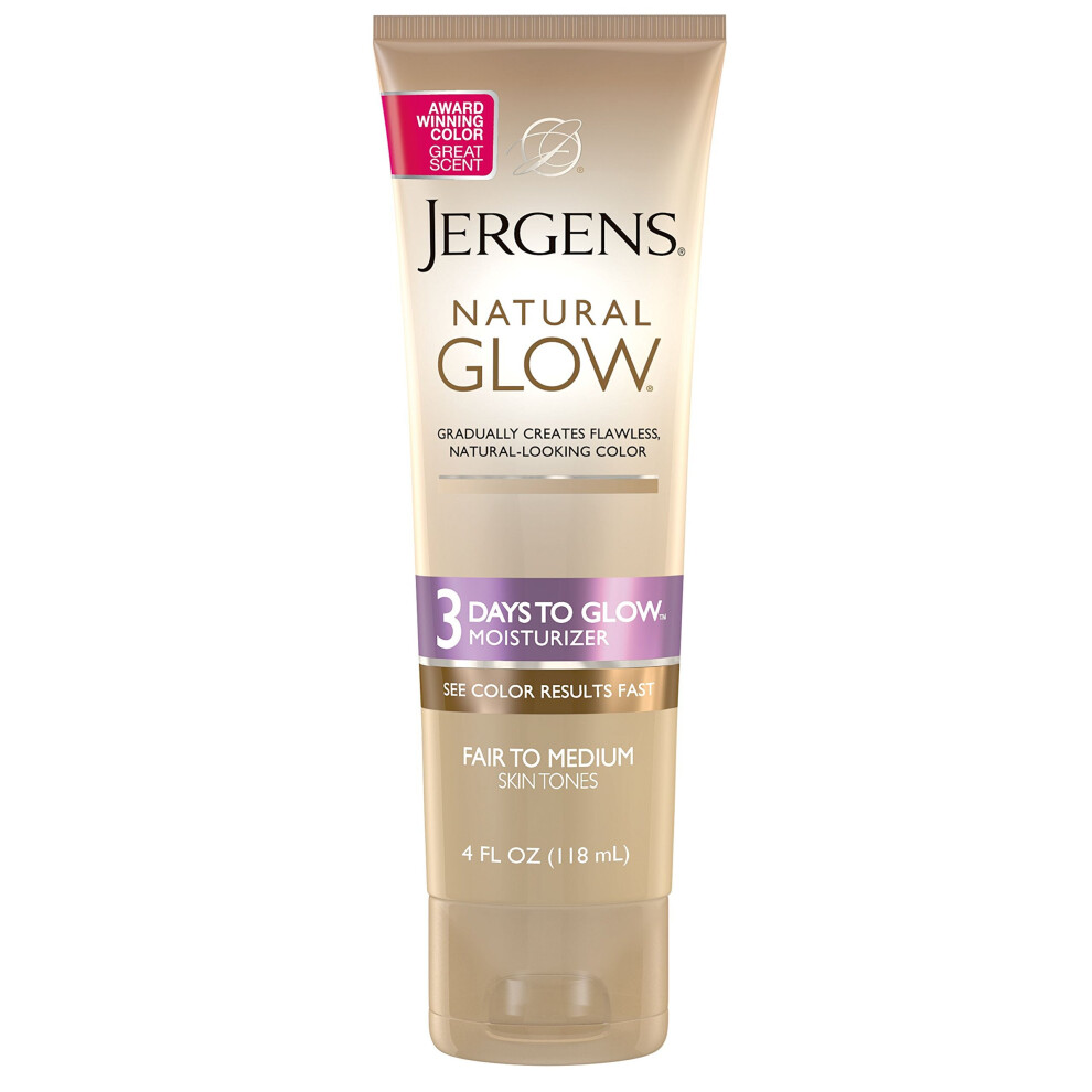 Jergens Natural Glow 3-Day Sunless Tanning Lotion, Self Tanner, Fair to Medium Skin Tone, Sunless Tanning Daily Moisturizer, for Streak-free Color, 4