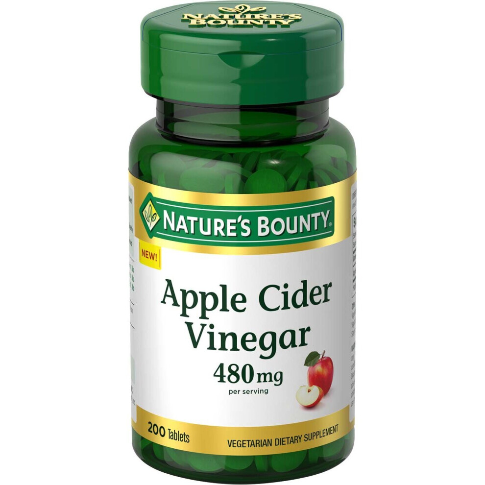 Nature's Bounty Apple Cider Vinegar Dietary Supplement, Supports Energy Levels And Metabolism, Plant Based, 480Mg, 200 Tablets
