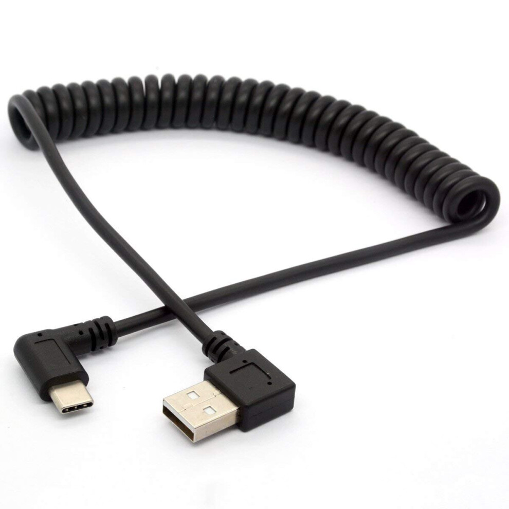 Coiled USB Type C Cable, Angled USB C to USB A 2.0 Extension Cord 90 Degree USB C Adapter Lead (USB 2.0 Left)