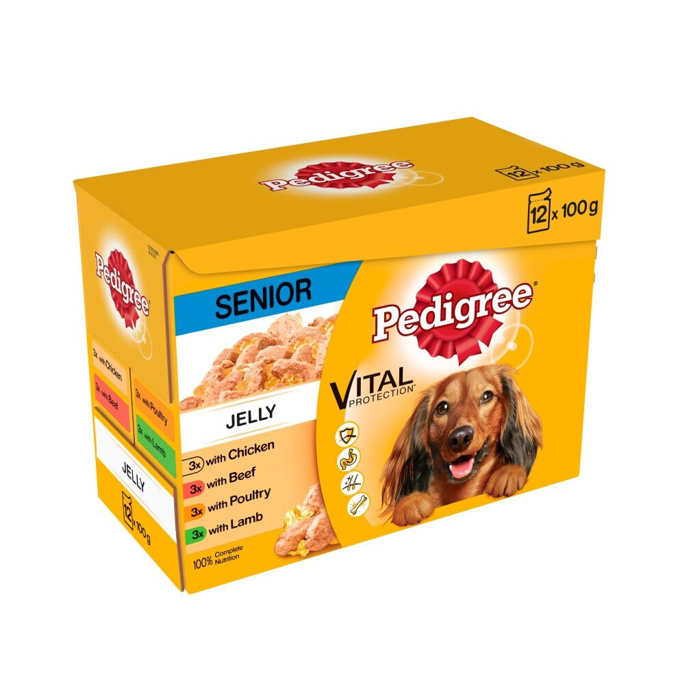 100% Complete Nutrition Pedigree Senior Dog Food in Jelly Includes:  3 x Beef 3 x Chicken 3 x Lamb 3 x Poultry