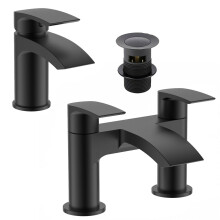 Black Matt Waterfall SLEEK Bath Filler & Basin Mixer Tap Incl Clicker Waste