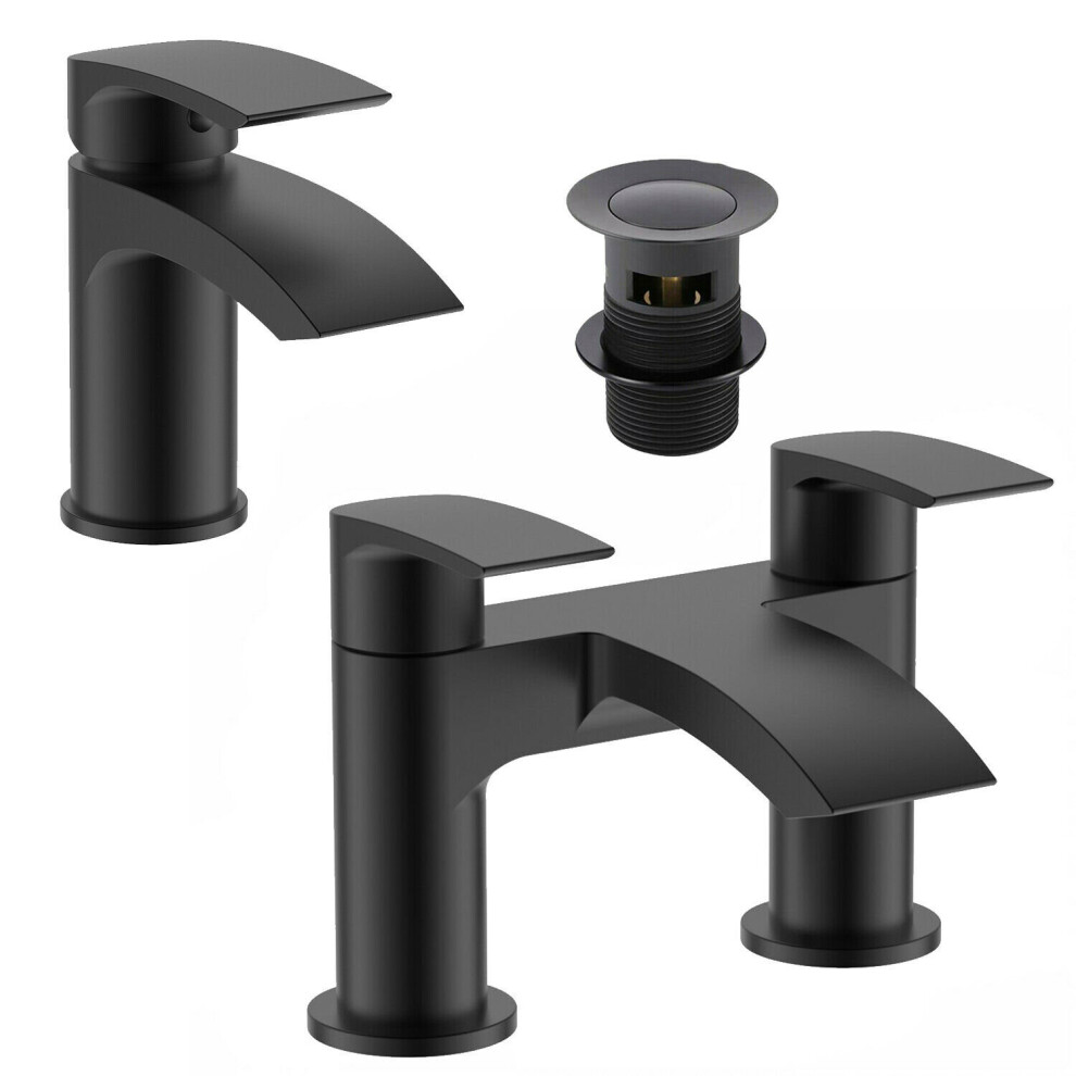 Black Matt Waterfall SLEEK Bath Filler & Basin Mixer Tap Incl Clicker Waste