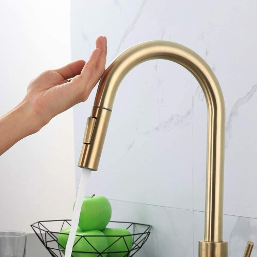 Jiuzhuo Brushed Gold Touch Kitchen Mixer Tap Stailess Steel Pull Out Spray Single Handle 2