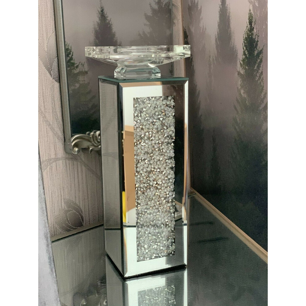 Tall Crushed Crystal Pillar Candle Holder Stand Jewel Diamante Mirror