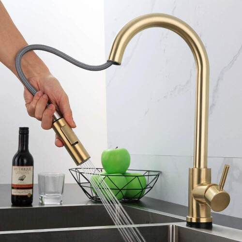 Jiuzhuo Brushed Gold Touch Kitchen Mixer Tap Stailess Steel Pull Out Spray Single Handle