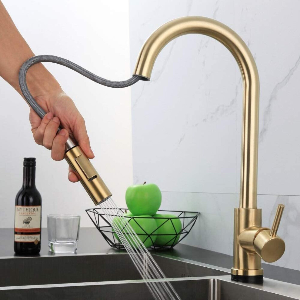 Jiuzhuo Brushed Gold Touch Kitchen Mixer Tap Stailess Steel Pull Out Spray Single Handle