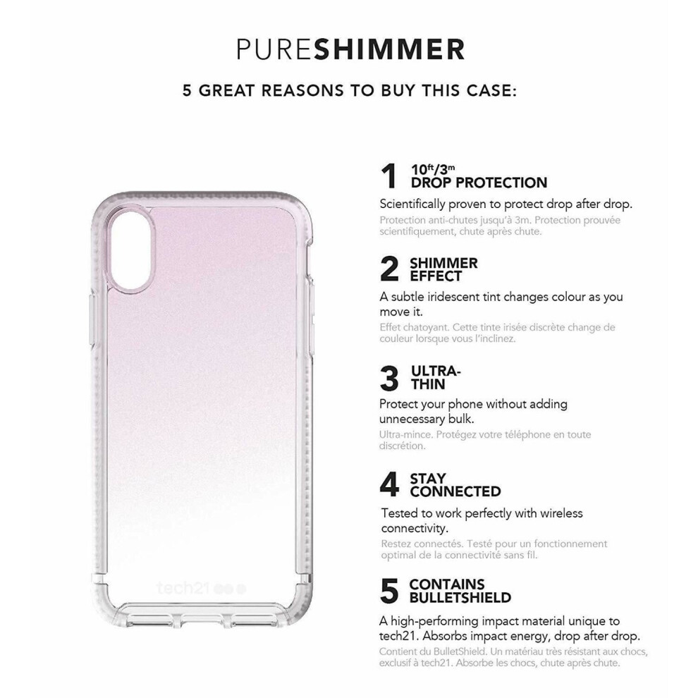 Tech21 Pure Shimmer Case Back Cover Iphone X/Xs Max 6.5" T21-6556 Pink 5056234706428
