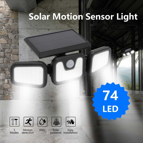 74 LED Solar Wall Lights - 3-Head Rotating Outdoor Motion Sensor Floodlight, IP65 Waterproof Garden Lamp