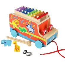 Pull Along Colourful Wooden Xylophone Animals Toy Vehicle
